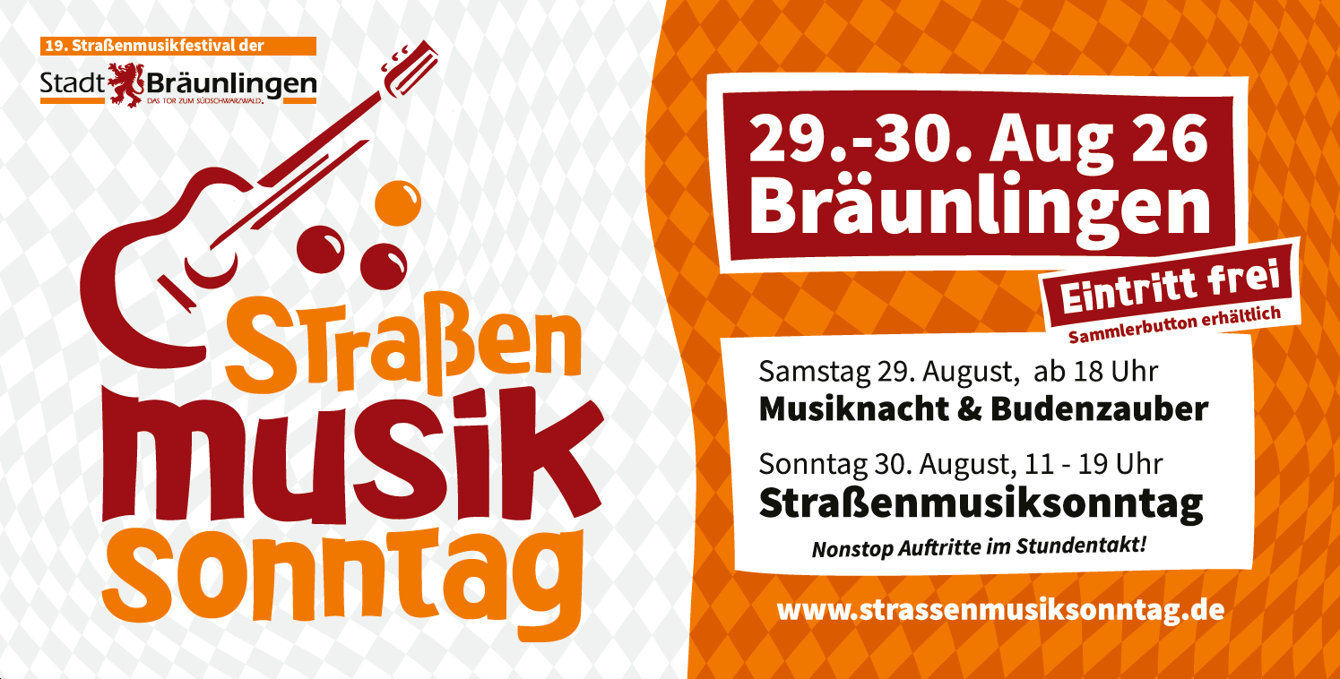 19. Bräunlinger Straßenmusiksonntag am 29. und 30. August 2026 - Das Straßenkunst-Festival im Schwarzwald